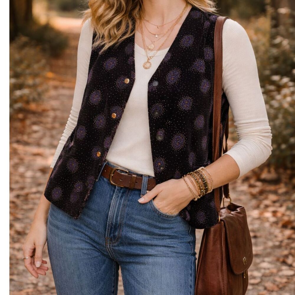 Vintage King Shing Velvet Embroidered Vest - Size L